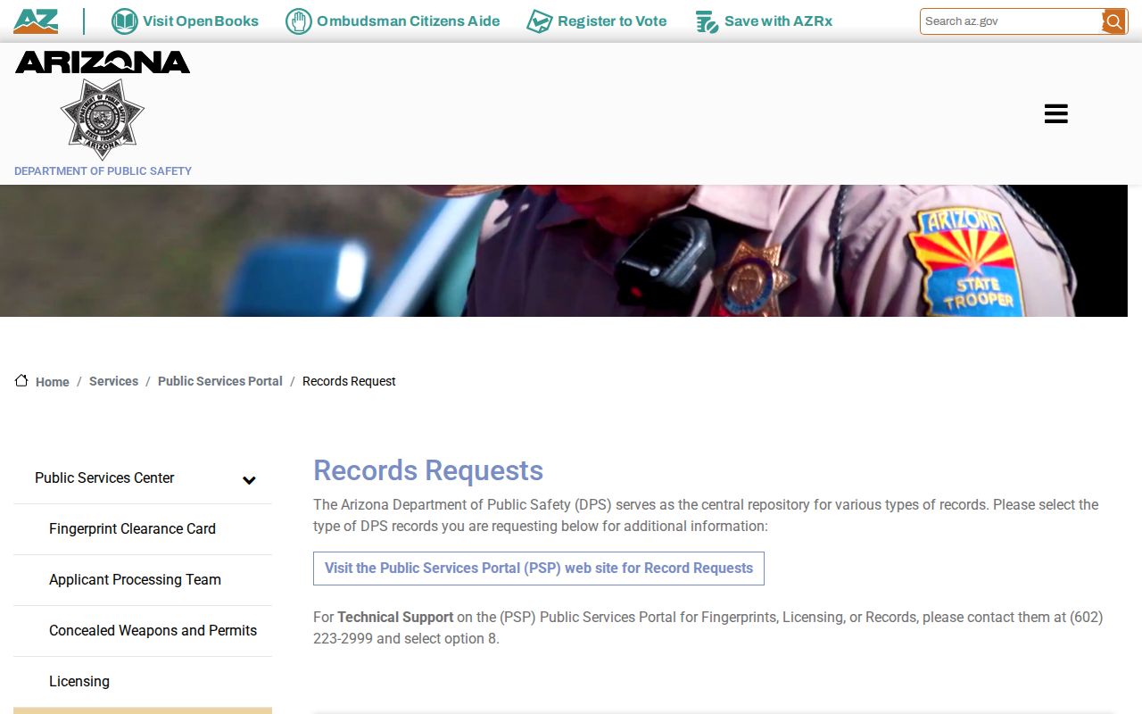 Pinal County arrest records Arizona DPS request page