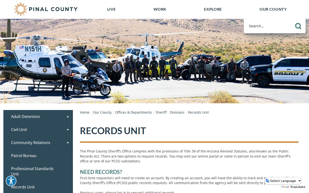 Pinal County arrest records PCSO Records Unit page
