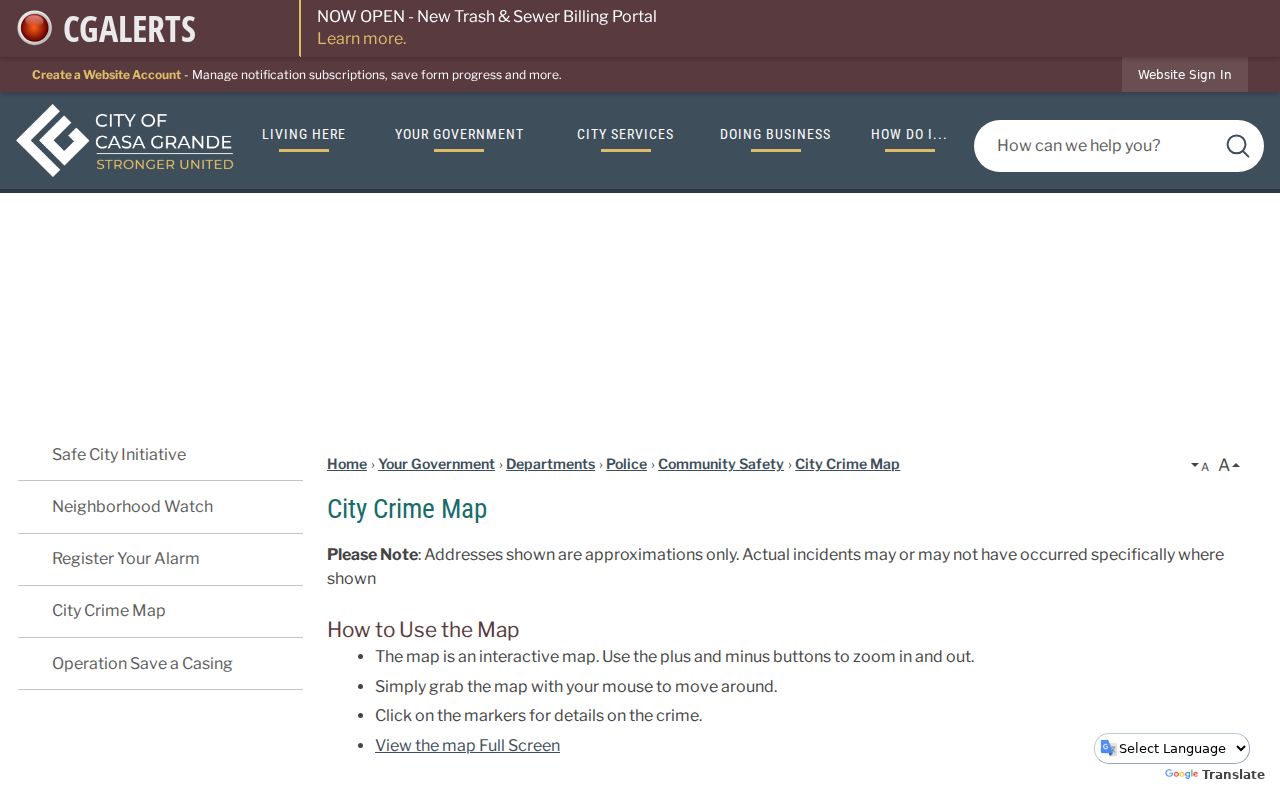 Casa Grande city crime map instructions and approximate location notice