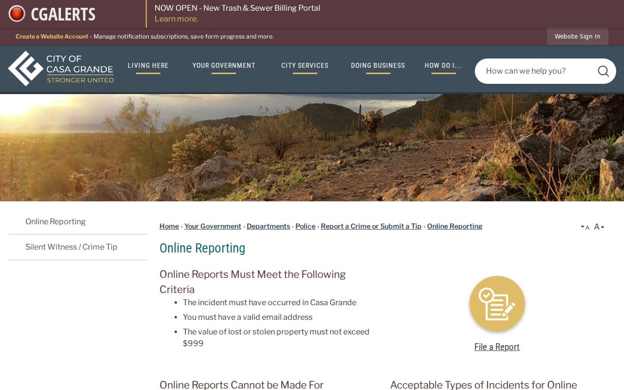 Casa Grande Police online incident reporting instructions