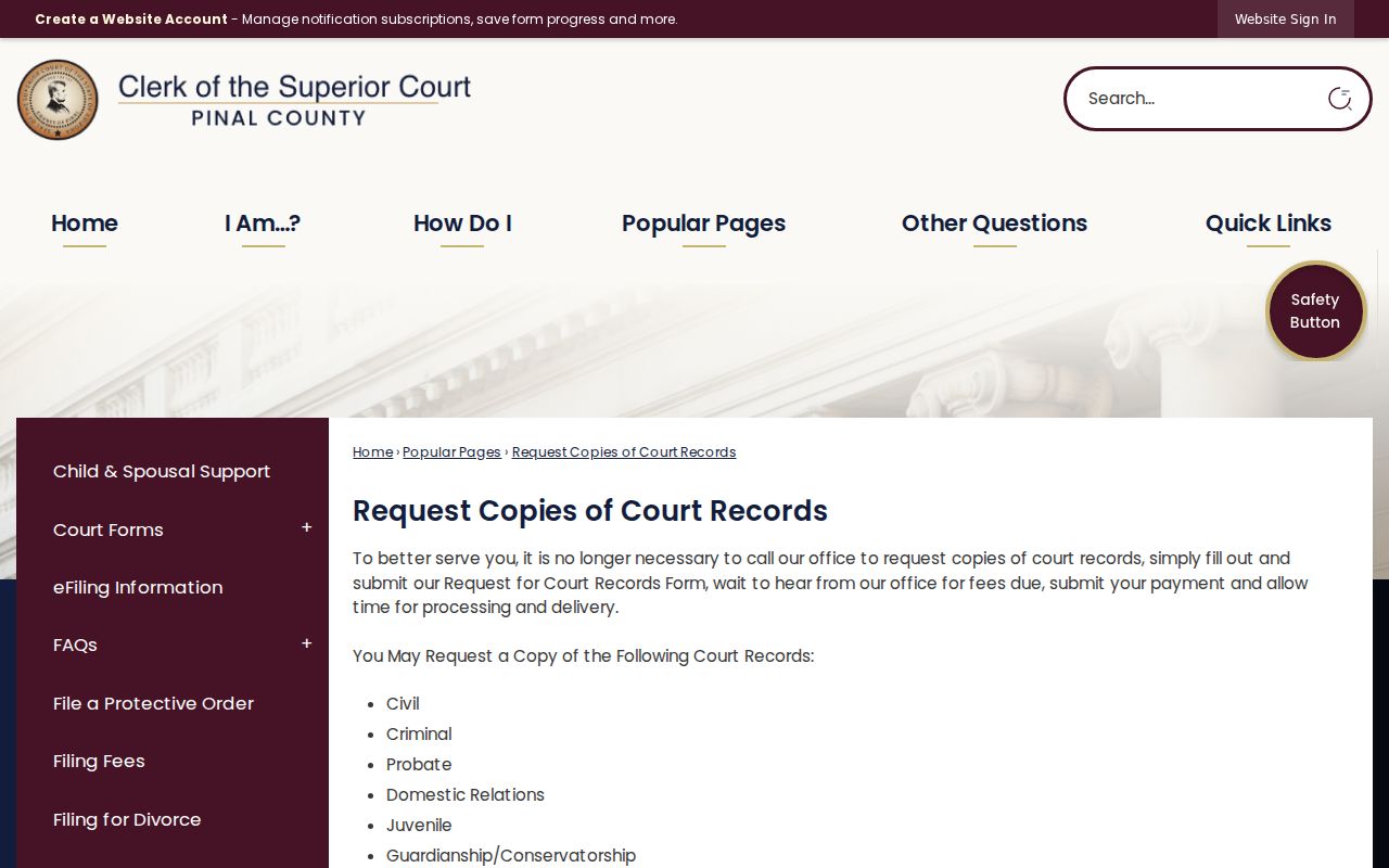Pinal County criminal court record copy request instructions