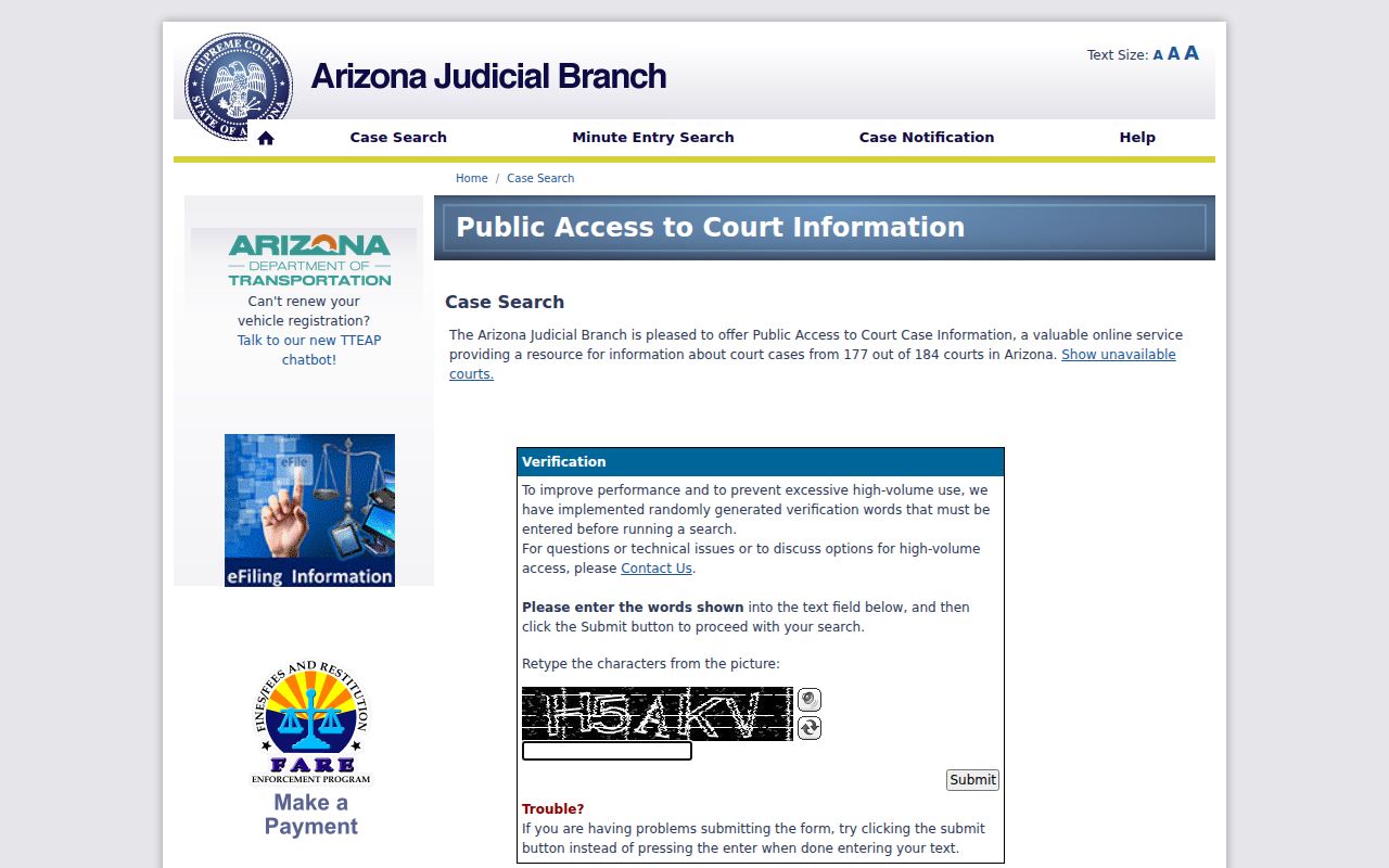 Pinal County criminal case lookup through Arizona Public Access