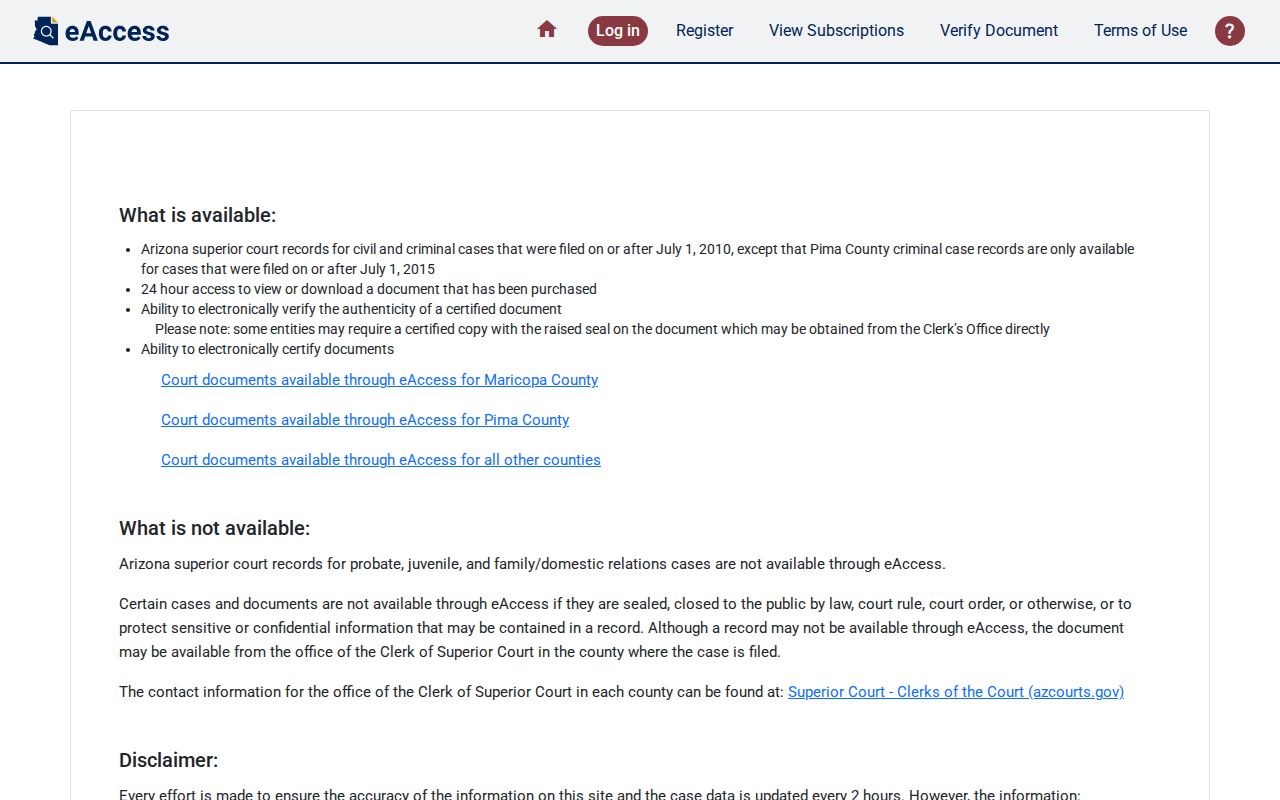 Pinal County criminal court records in Arizona eAccess