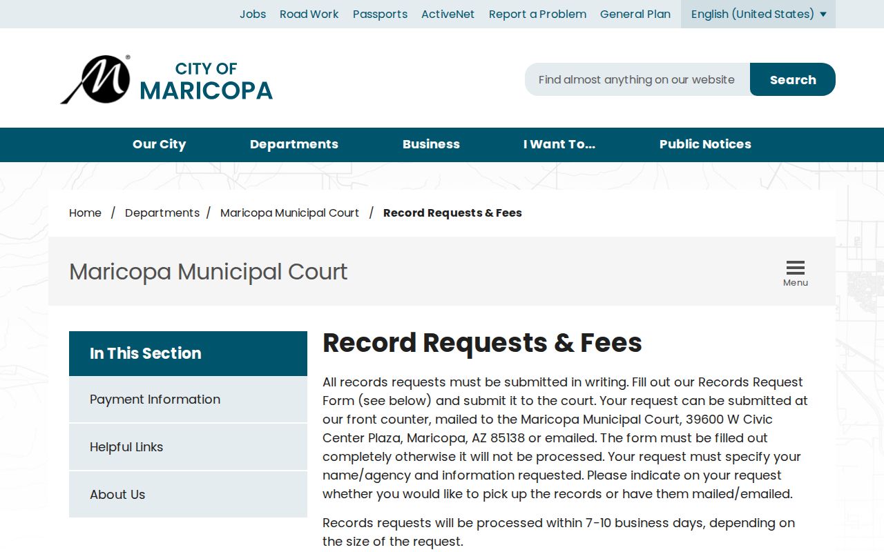 Maricopa Municipal Court records request and fee instructions